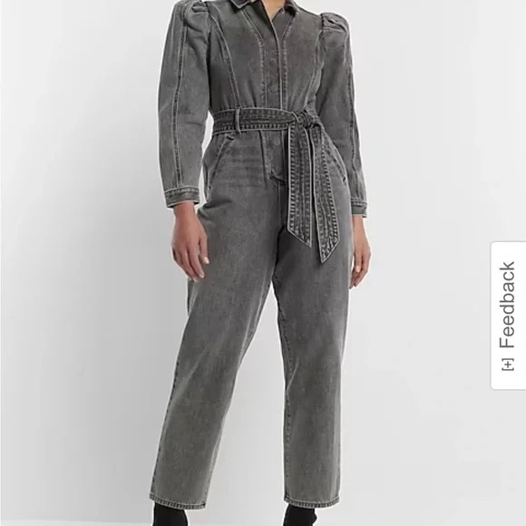 Express Puff Sleeve Tie Waist Gray Wash Denim Jumpsuit - Picture 1 of 6